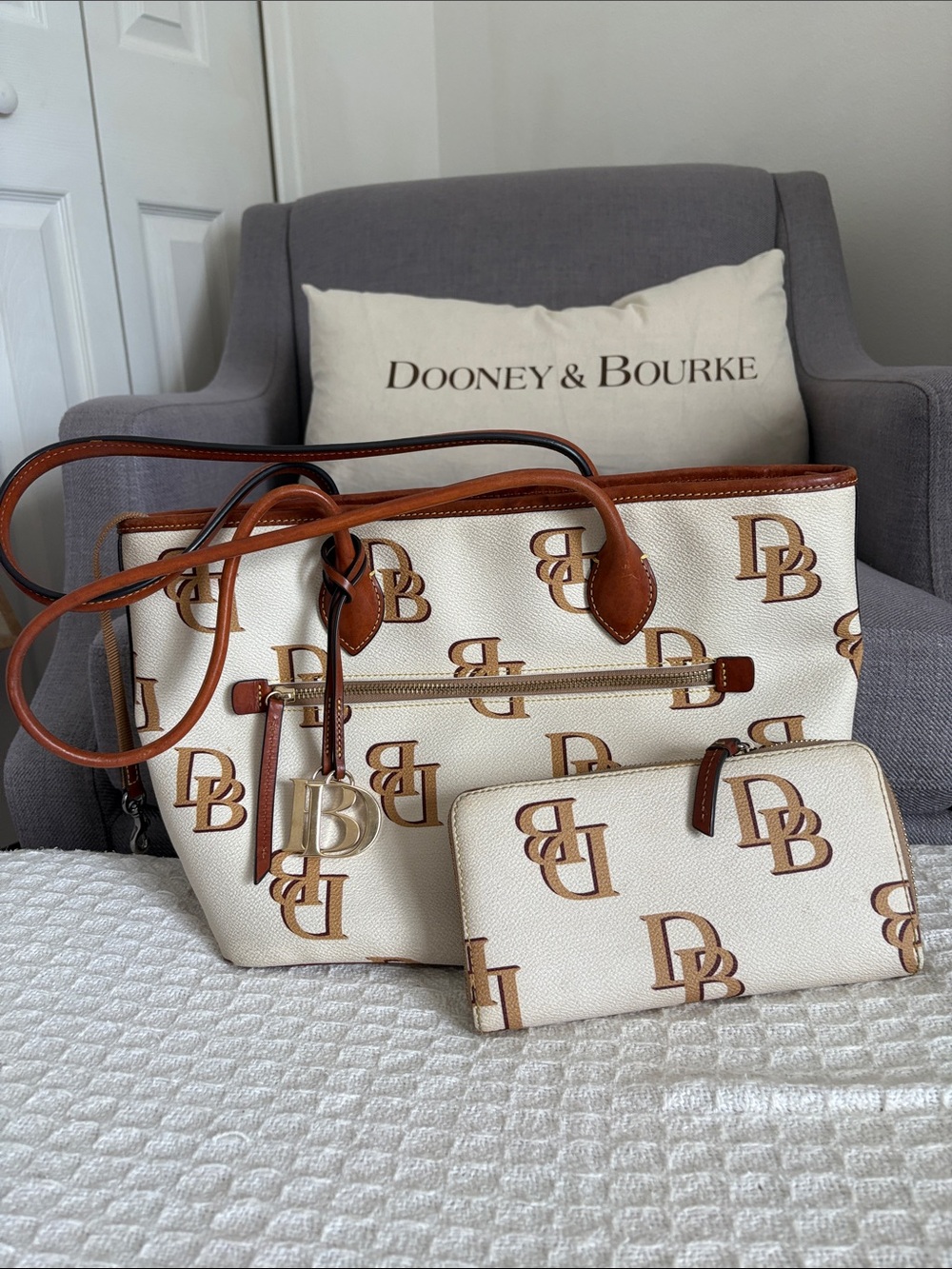 Dooney & Bourke Cream Tote with Brown Leather Trim and Matching Wallet